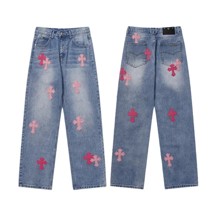 Chr*ome Hearts high-quality leather cross men's and women's American straight-through loose jeans image 11