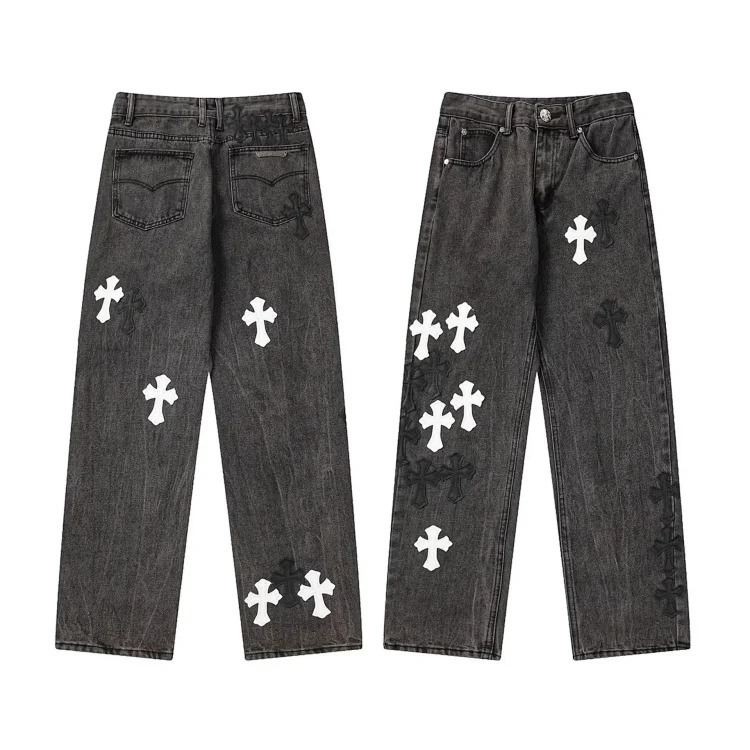 Chr*ome Hearts high-quality leather cross men's and women's American straight-through loose jeans image 6