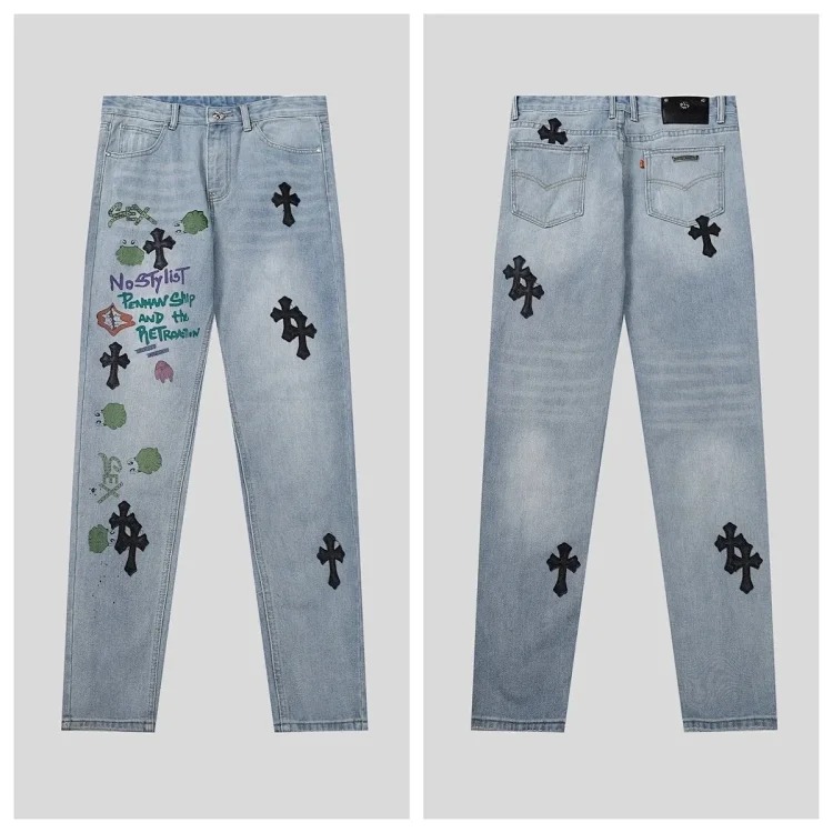 Chr*ome Hearts high-quality leather cross men's and women's American straight-through loose jeans image 7