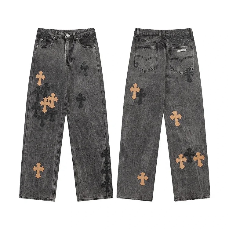 Chr*ome Hearts high-quality leather cross men's and women's American straight-through loose jeans image 8