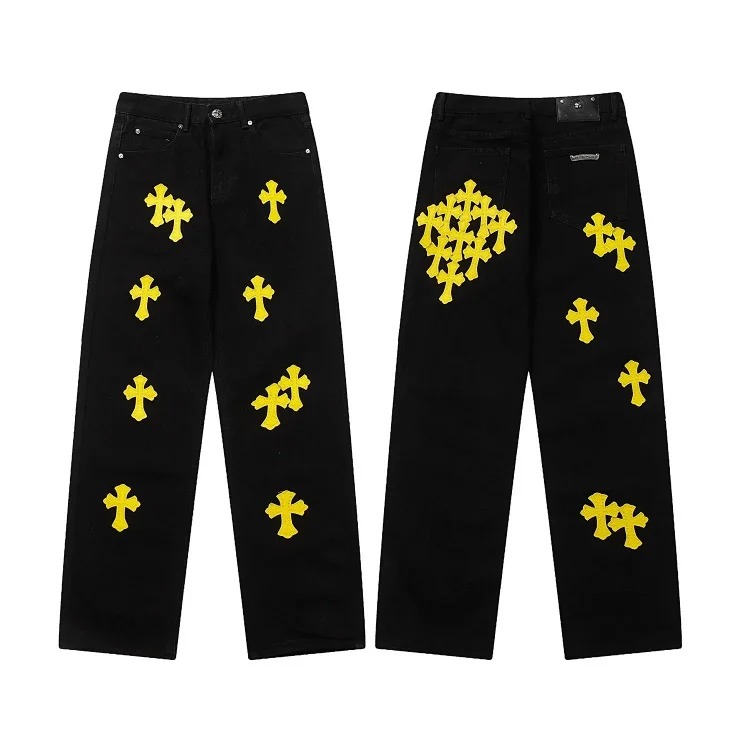 Chr*ome Hearts high-quality leather cross men's and women's American straight-through loose jeans image 9