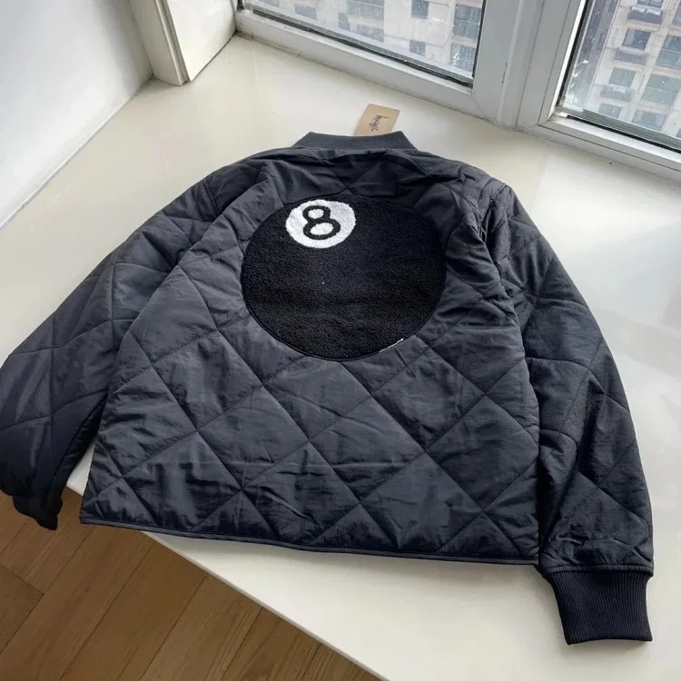 S*u*sy **West Back 8 BALL QUILTED LINER JACKET Black 8 Towel Embroidery Diamond Quilted Baseball Collar Cotton Jacket Jacket Same Style for Men and Women Couple Style Original One-to-One Def image 4