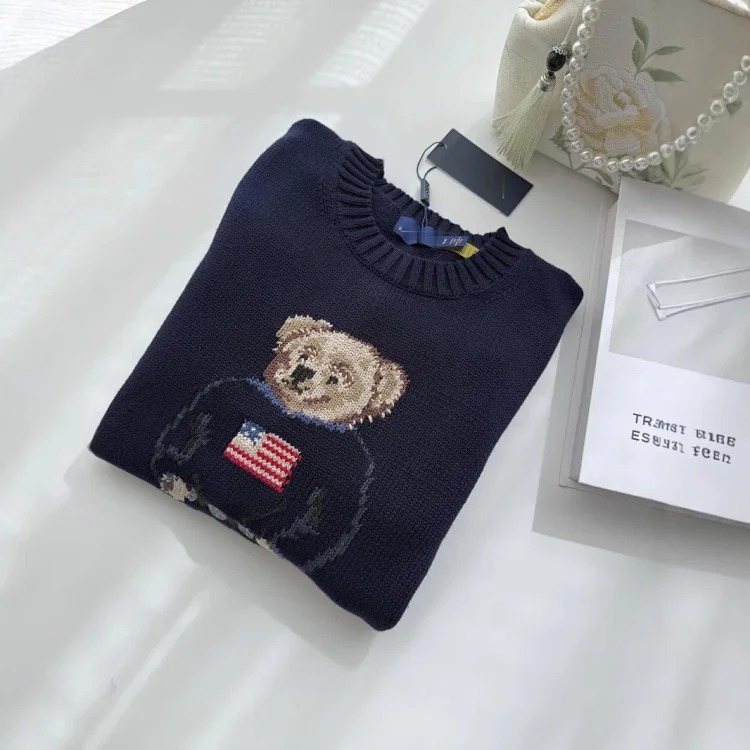 Bear's new autumn and winter pure cotton heavy embroidery cartoon round neck knitted sweater image 5