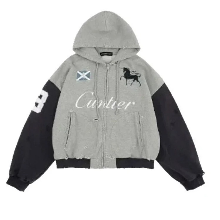 War horse patchwork washed distressed embroidered zipper cardigan hooded sweatshirt image 6