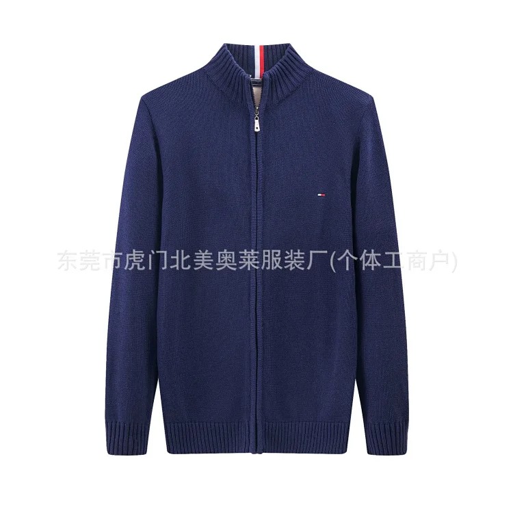 Men's sweater thickened stand collar zipper pullover sweater men's pure cotton embroidered sweater image 2