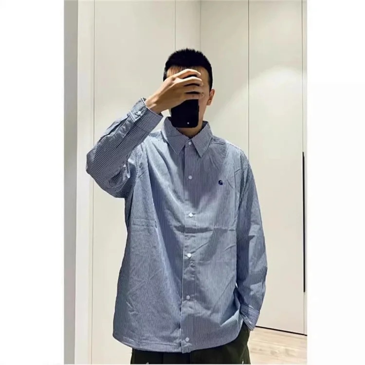 Long-sleeved shirt striped couple loose retro small logo embroidered thin coat jacket image 4