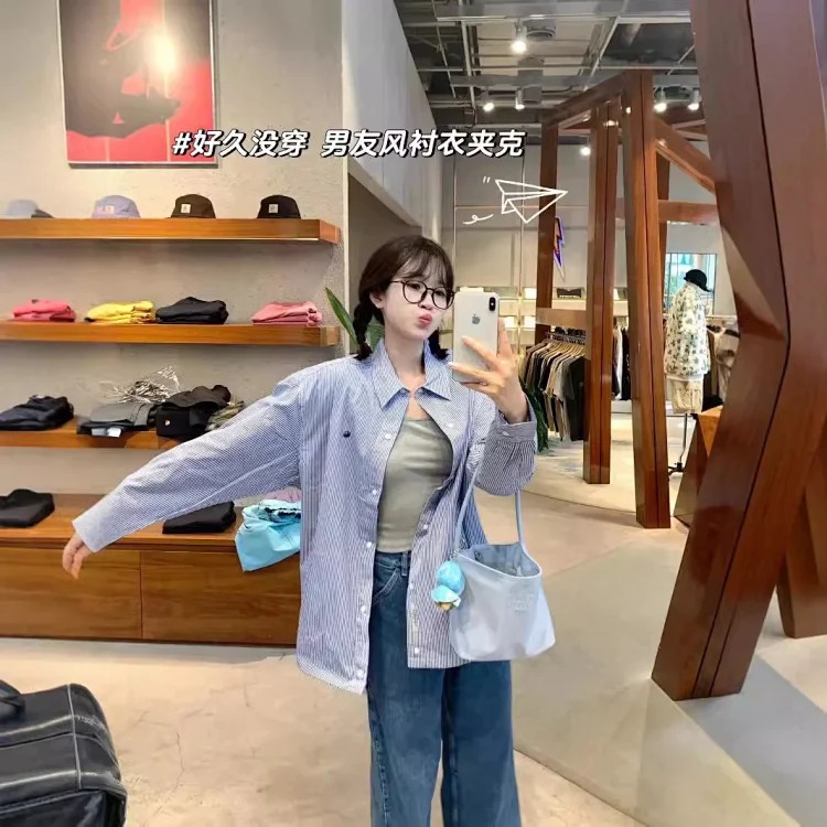 Long-sleeved shirt striped couple loose retro small logo embroidered thin coat jacket image 5