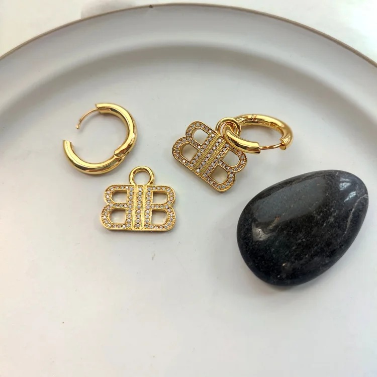 Paris style hoop earrings with diamond letters, versatile street style double B earrings, personalized European and American style retro earrings image 2