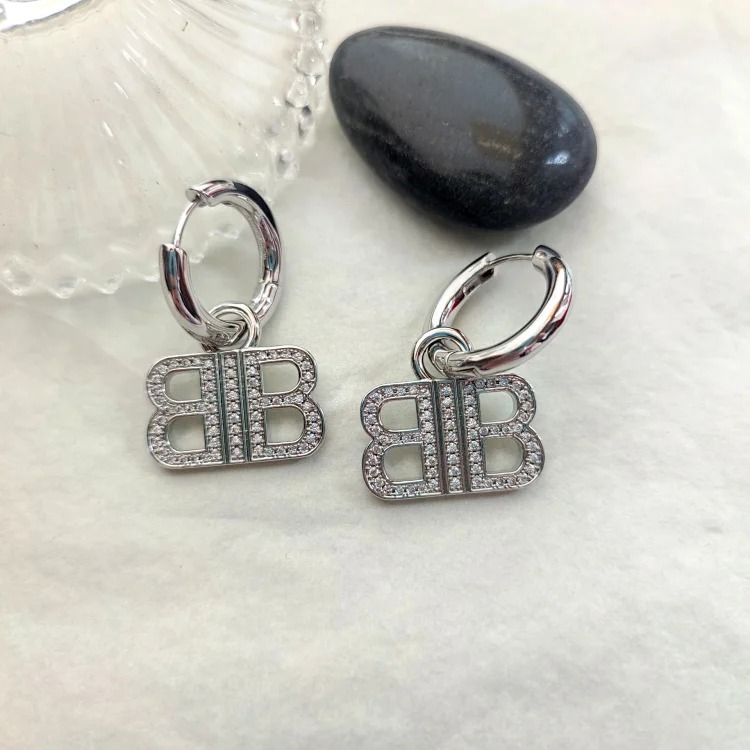 Paris style hoop earrings with diamond letters, versatile street style double B earrings, personalized European and American style retro earrings image 3