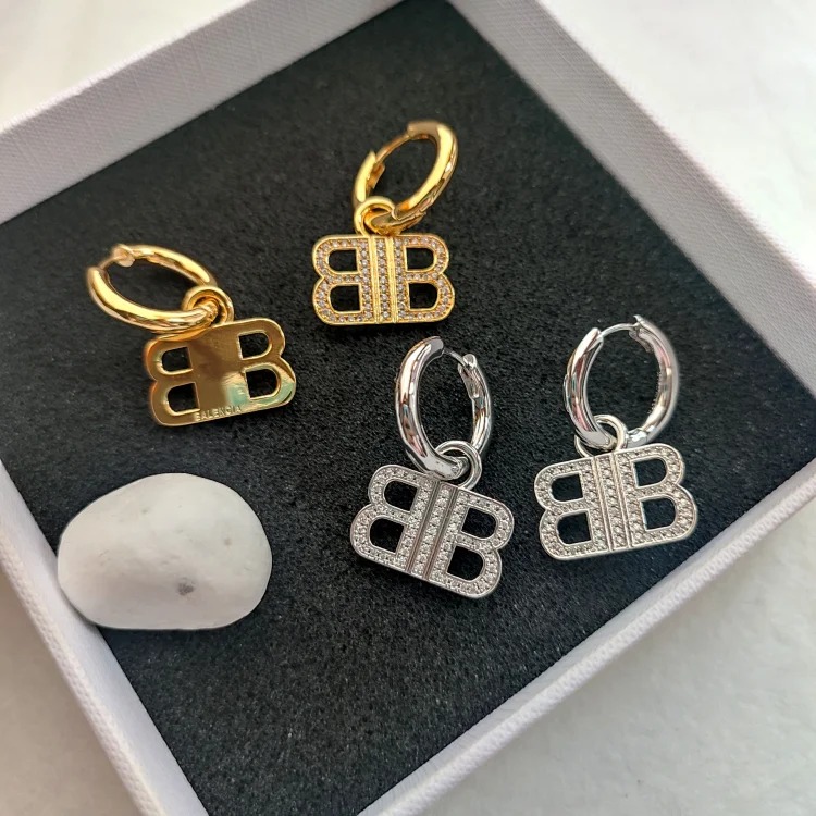Paris style hoop earrings with diamond letters, versatile street style double B earrings, personalized European and American style retro earrings image 4