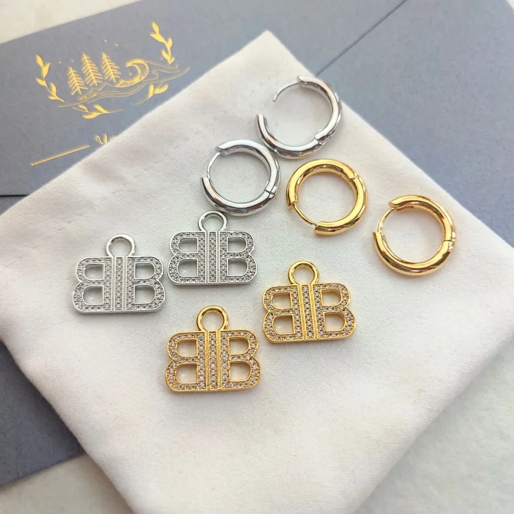 Paris style hoop earrings with diamond letters, versatile street style double B earrings, personalized European and American style retro earrings image 5