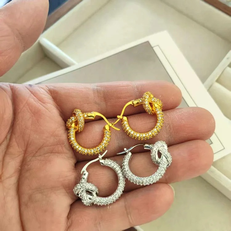 Arc de Triomphe high-end fashion simple full diamond earrings copper gold-plated women's light luxury full diamond jewelry knotted hoop earrings image 4