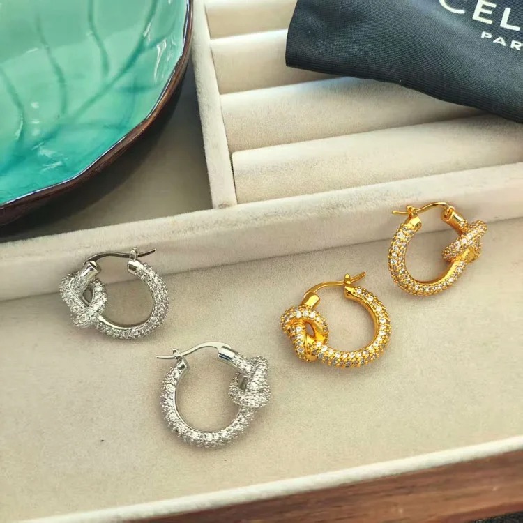 Arc de Triomphe high-end fashion simple full diamond earrings copper gold-plated women's light luxury full diamond jewelry knotted hoop earrings image 5