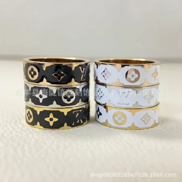New letter pattern enamel ring, simple, fashionable and niche design, versatile titanium steel ring pair image 2