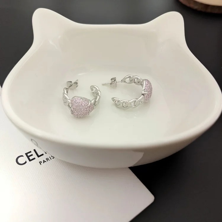 celi Arc de Triomphe full-set pink diamond peach heart female ring, French light luxury pastoral style earrings, small fragrant style color matching earrings image 4