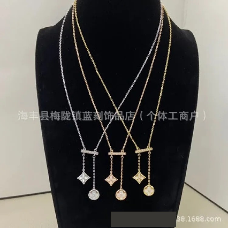 High version N diamond-encrusted mother-of-pearl round flower tassel necklace, rhombus shape, various styles, and clavicle chain wholesale
