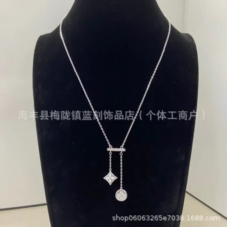 High version N diamond-encrusted mother-of-pearl round flower tassel necklace, rhombus shape, various styles, and clavicle chain wholesale image 2