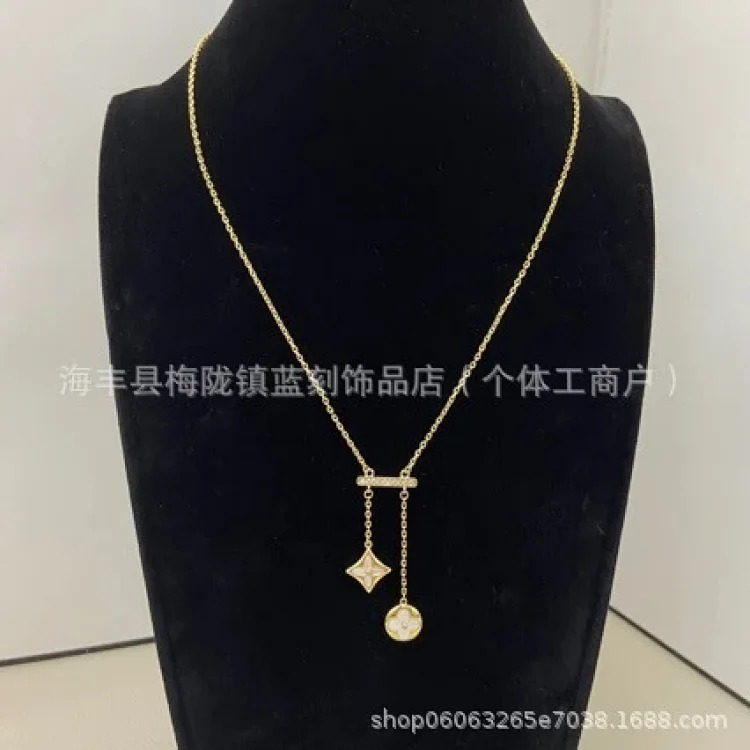 High version N diamond-encrusted mother-of-pearl round flower tassel necklace, rhombus shape, various styles, and clavicle chain wholesale image 3
