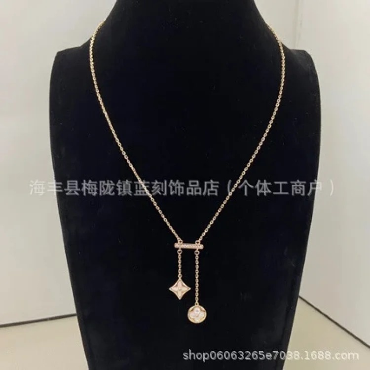 High version N diamond-encrusted mother-of-pearl round flower tassel necklace, rhombus shape, various styles, and clavicle chain wholesale image 5