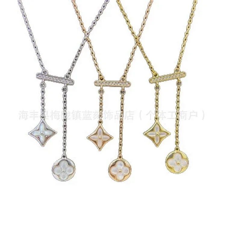 High version N diamond-encrusted mother-of-pearl round flower tassel necklace, rhombus shape, various styles, and clavicle chain wholesale image 6